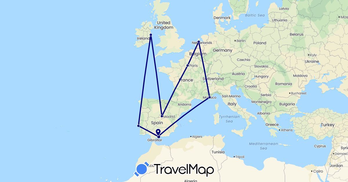 TravelMap itinerary: driving in Spain, France, Ireland, Monaco, Netherlands, Portugal (Europe)